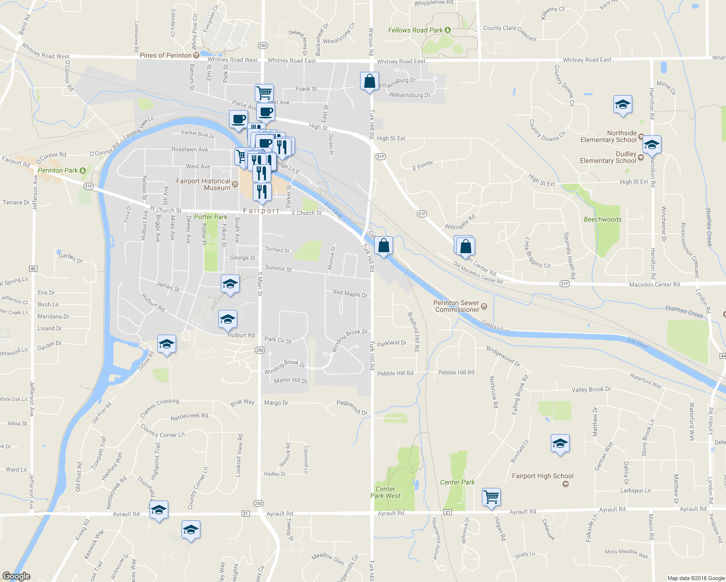 map of restaurants, bars, coffee shops, grocery stores, and more near 47 Red Maple Drive in Fairport