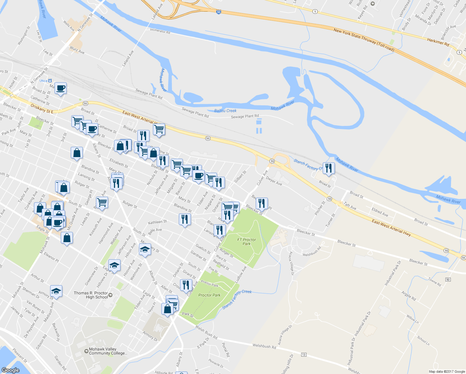 map of restaurants, bars, coffee shops, grocery stores, and more near 407 Gilbert St in Utica