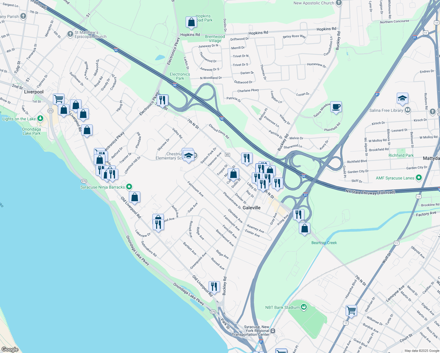 map of restaurants, bars, coffee shops, grocery stores, and more near 602 Drexler Street in Liverpool