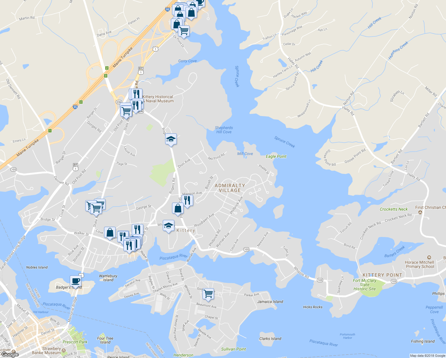 map of restaurants, bars, coffee shops, grocery stores, and more near 127 Manson Avenue in Kittery