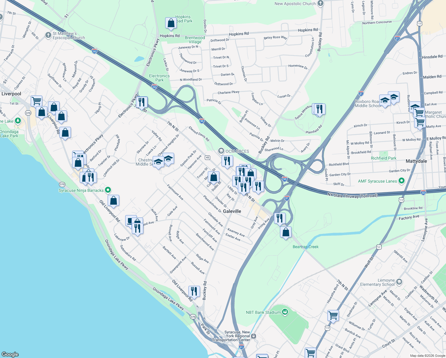 map of restaurants, bars, coffee shops, grocery stores, and more near 304 Libby St in Liverpool