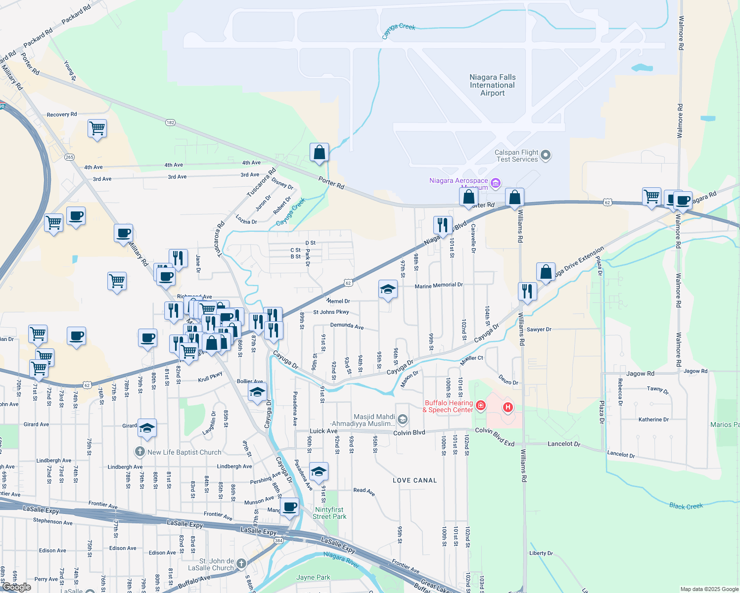 map of restaurants, bars, coffee shops, grocery stores, and more near 9416 Niemel Drive in Niagara Falls