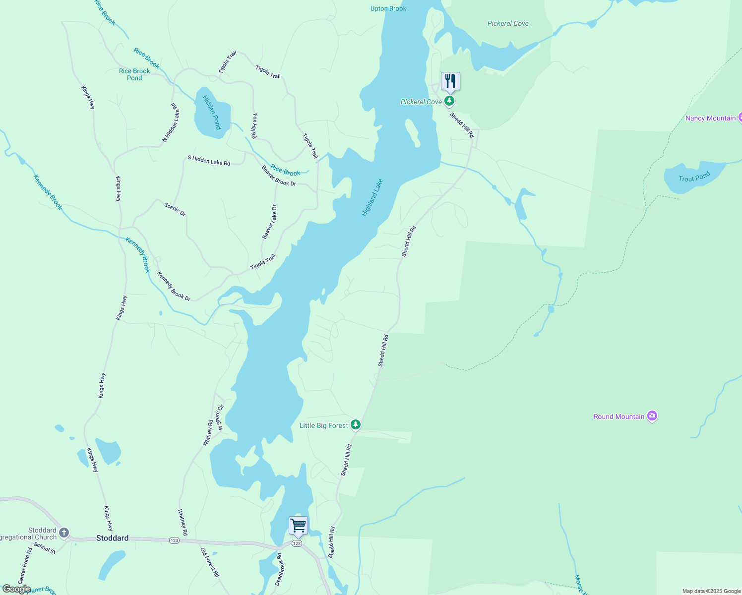 map of restaurants, bars, coffee shops, grocery stores, and more near 79 Fernwood Road in Stoddard