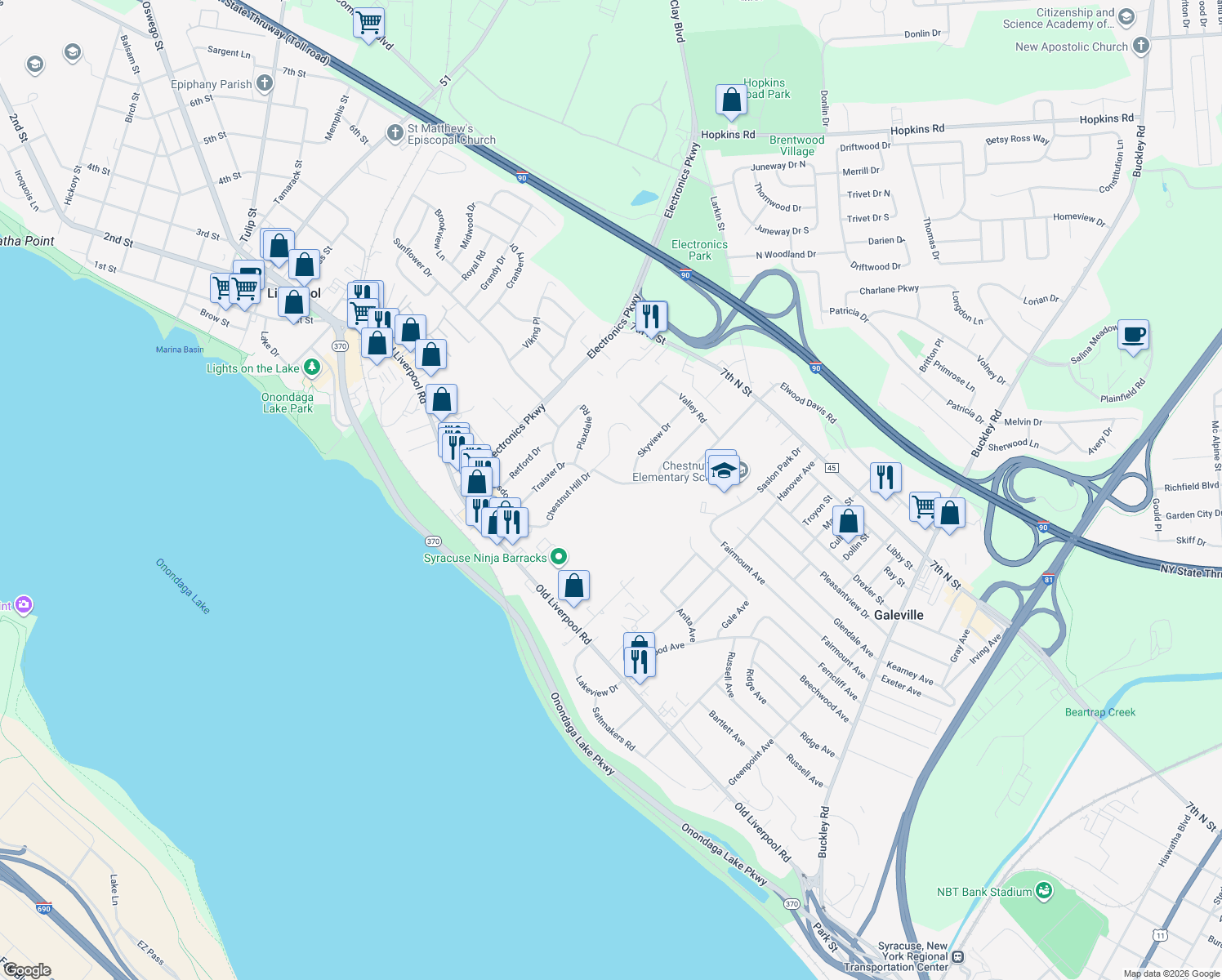 map of restaurants, bars, coffee shops, grocery stores, and more near 104 Chestnut Heights Dr in Liverpool