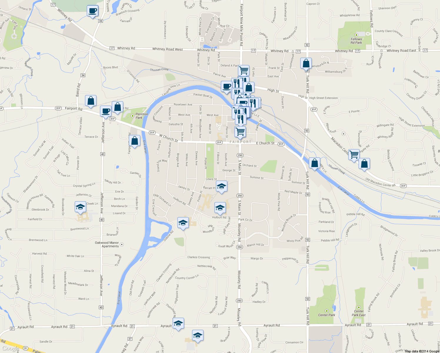 map of restaurants, bars, coffee shops, grocery stores, and more near 63 Filkins Street in Fairport