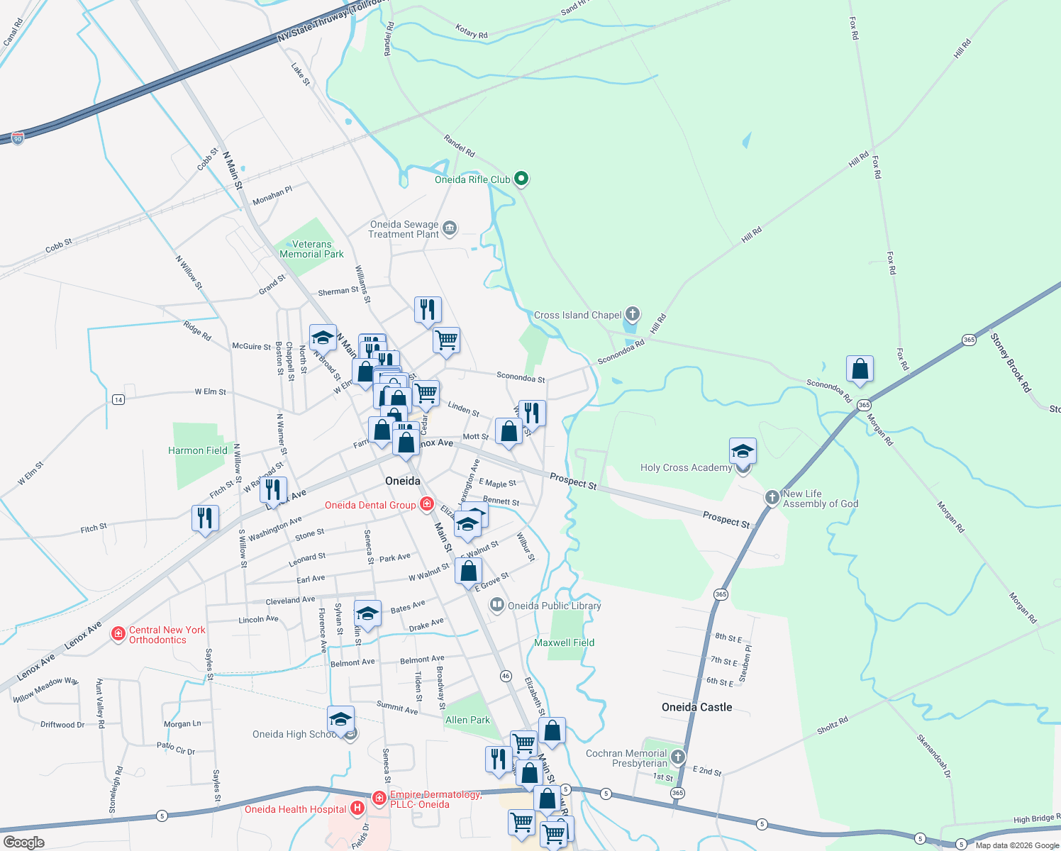 map of restaurants, bars, coffee shops, grocery stores, and more near 245 Wilson Street in Oneida
