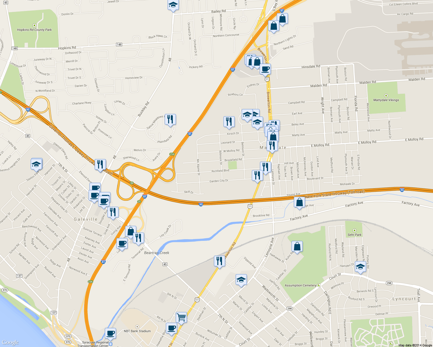map of restaurants, bars, coffee shops, grocery stores, and more near 307 Richfield Boulevard in Syracuse
