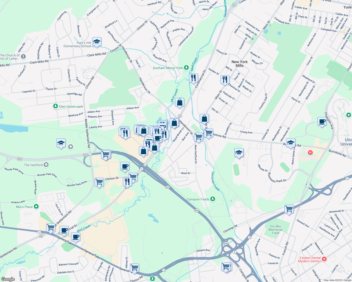map of restaurants, bars, coffee shops, grocery stores, and more near 17 Royal Brook Ln in New York Mills