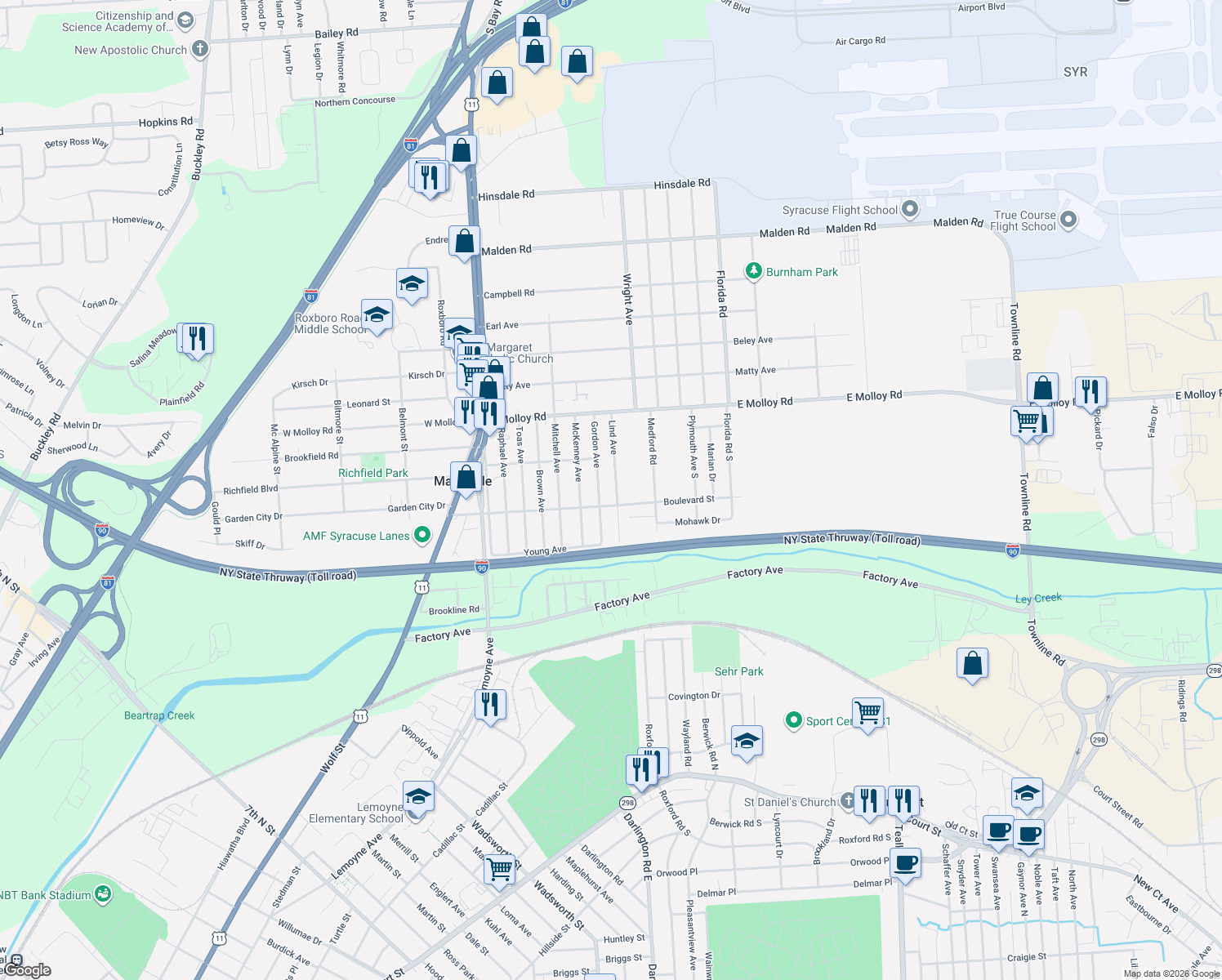 map of restaurants, bars, coffee shops, grocery stores, and more near 134 Lind Avenue in Syracuse