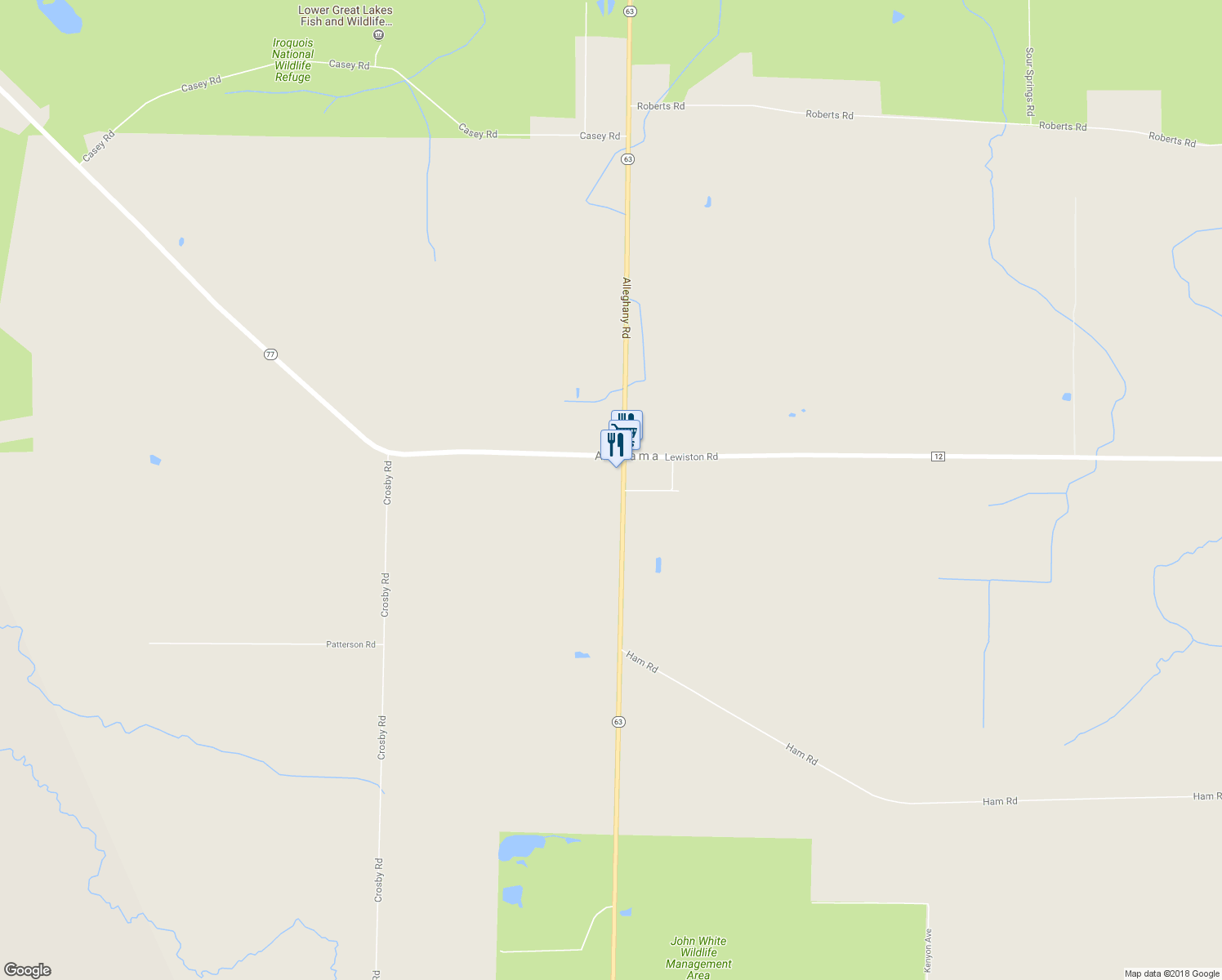 map of restaurants, bars, coffee shops, grocery stores, and more near 6568 Alleghany Road in Basom