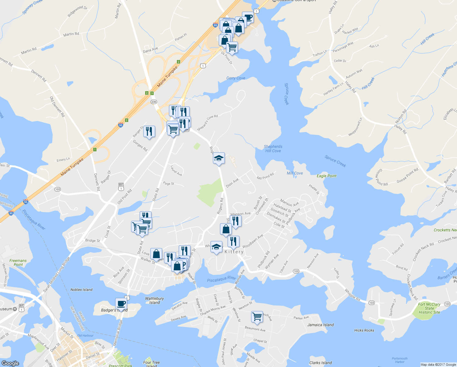 map of restaurants, bars, coffee shops, grocery stores, and more near 9 Dion Avenue in Kittery