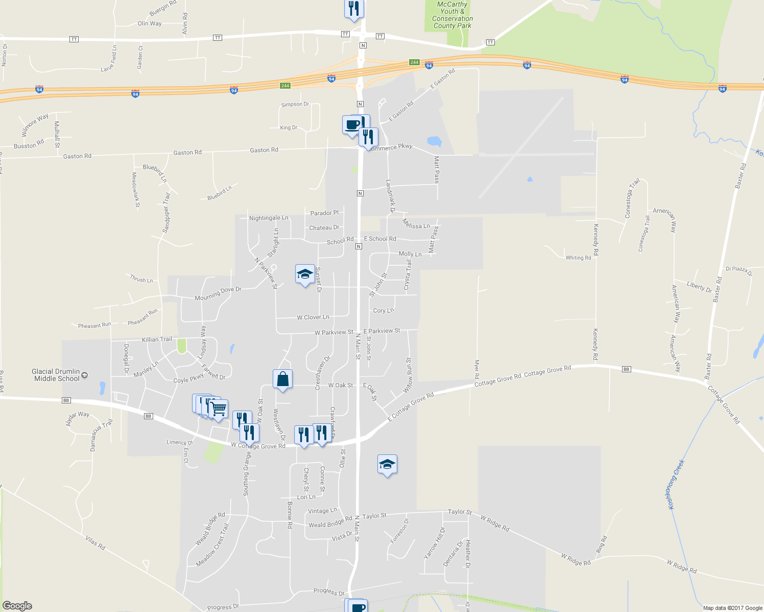map of restaurants, bars, coffee shops, grocery stores, and more near 207 Cory Lane in Cottage Grove