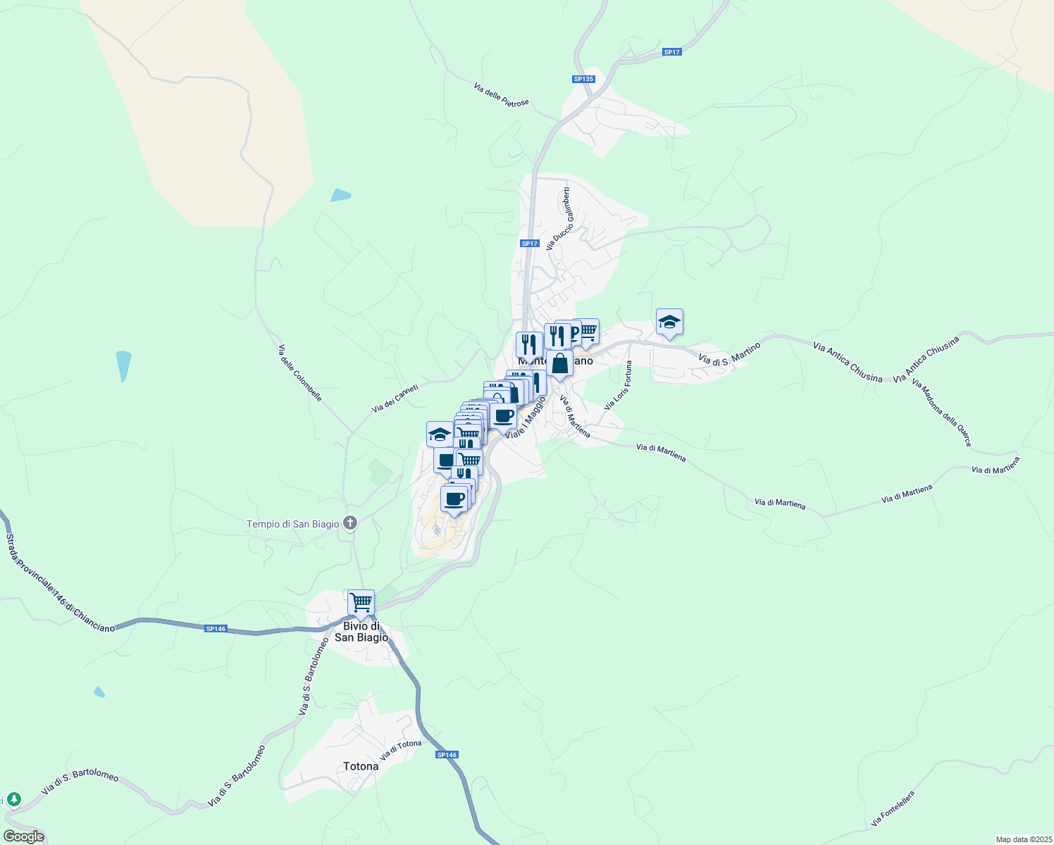 map of restaurants, bars, coffee shops, grocery stores, and more near Viale I Maggio in Montepulciano