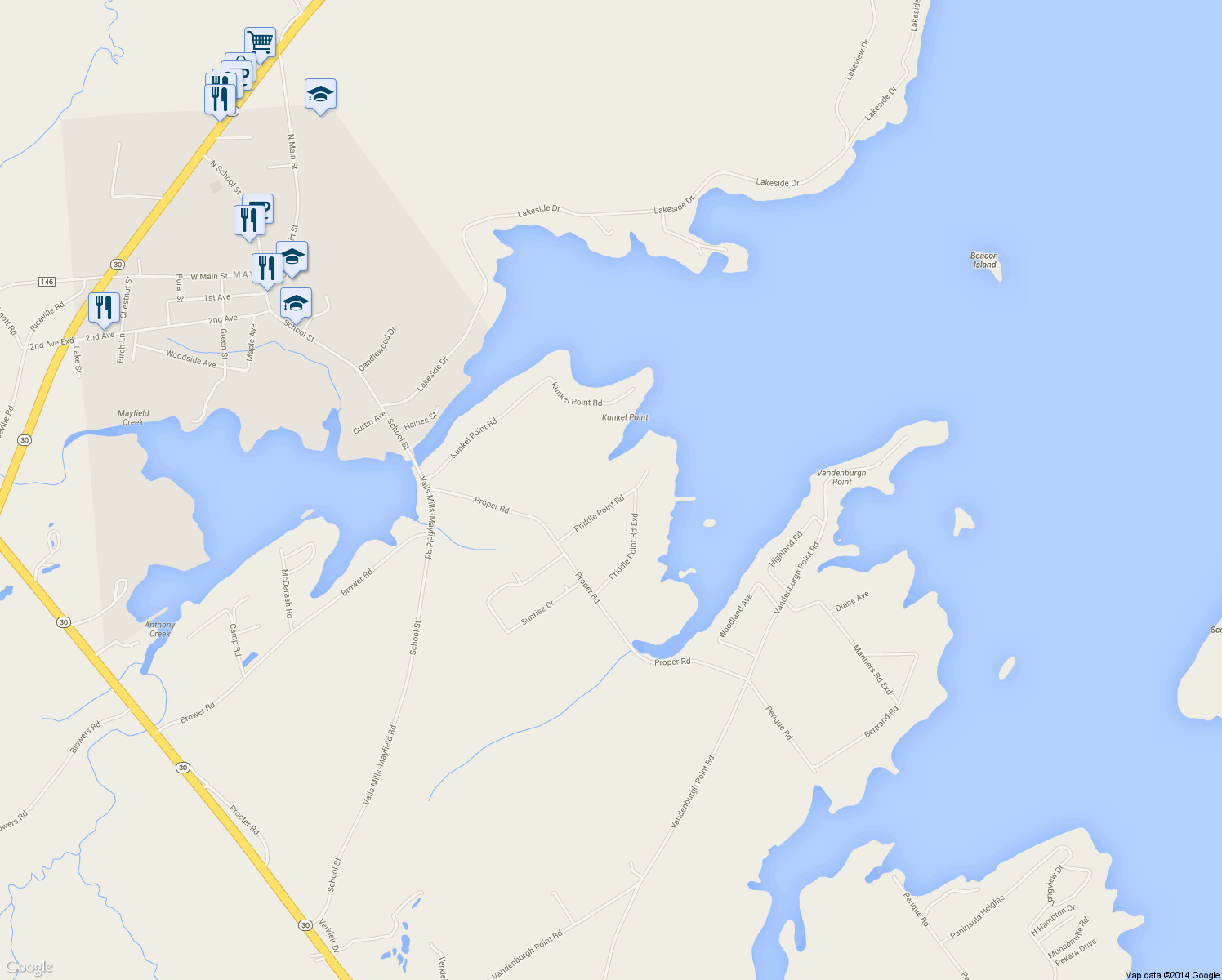 map of restaurants, bars, coffee shops, grocery stores, and more near 141 Priddle Point Road in Gloversville