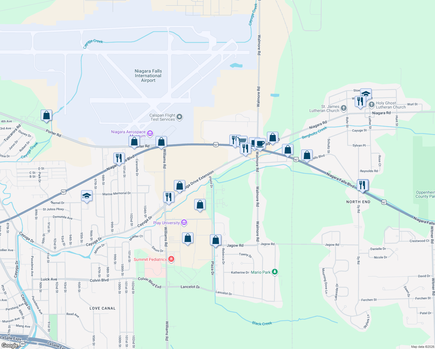 map of restaurants, bars, coffee shops, grocery stores, and more near 2162 Cayuga Drive Extension in Niagara Falls