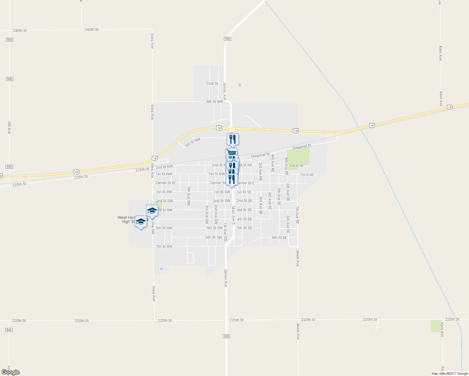 map of restaurants, bars, coffee shops, grocery stores, and more near 98 1st Ave SE in Britt