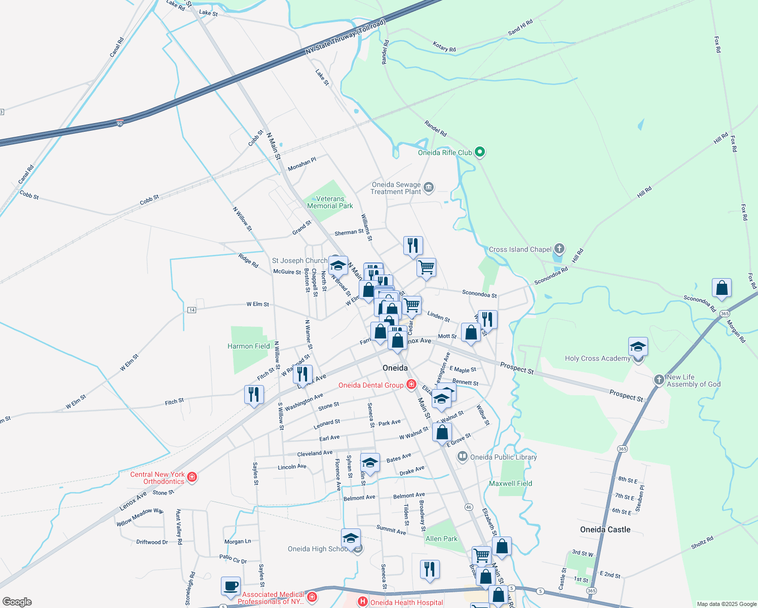 map of restaurants, bars, coffee shops, grocery stores, and more near 102 North Main Street in Oneida