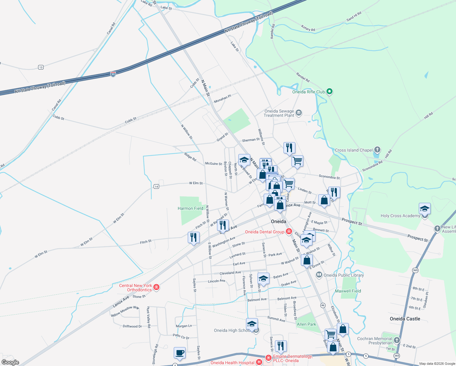 map of restaurants, bars, coffee shops, grocery stores, and more near 214 Boston St in Oneida