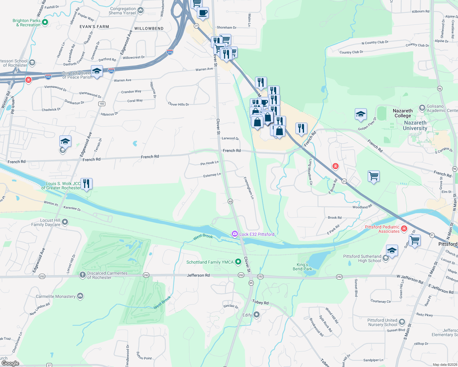 map of restaurants, bars, coffee shops, grocery stores, and more near 2704 Clover Street in Pittsford