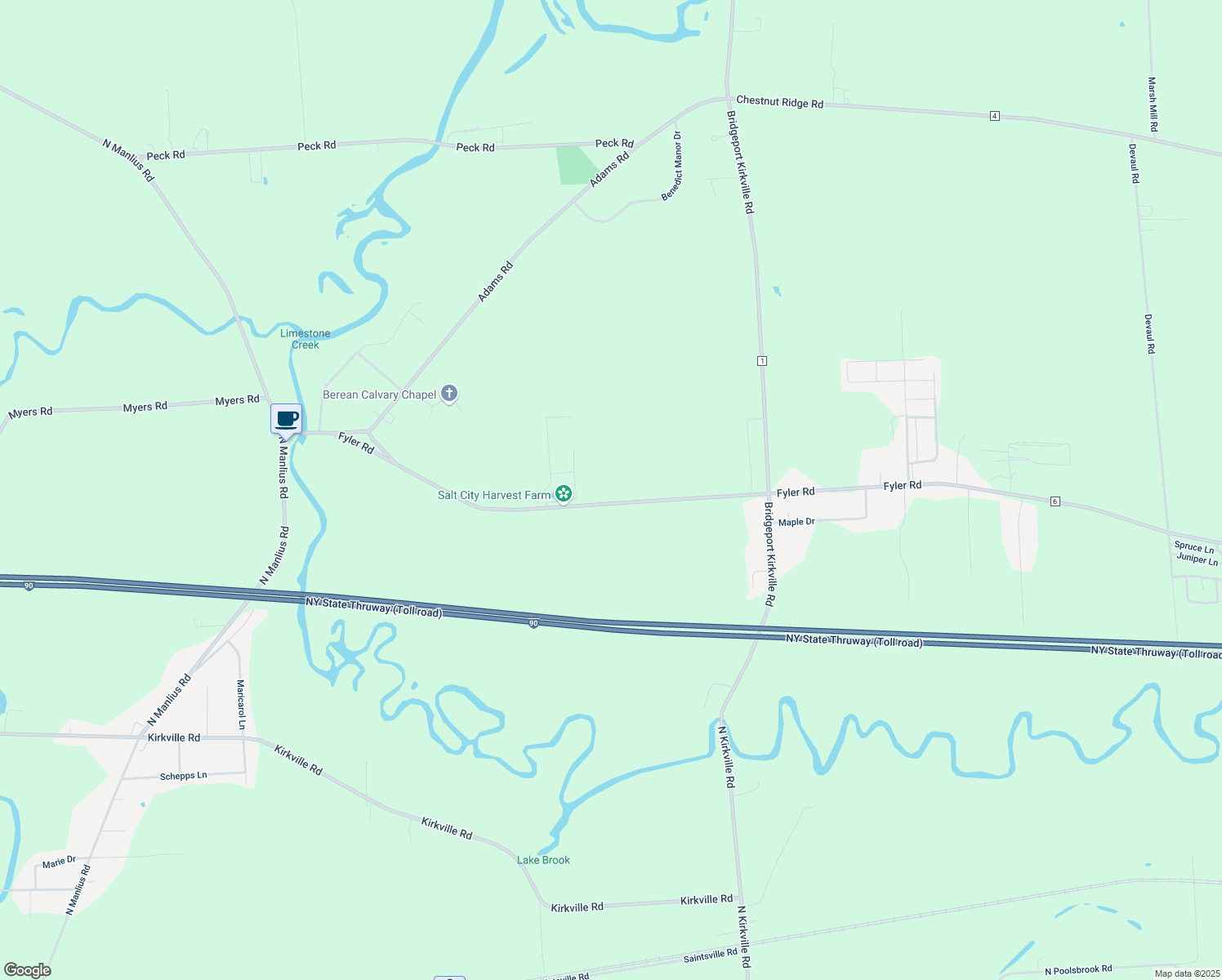 map of restaurants, bars, coffee shops, grocery stores, and more near 495 Fyler Rd in Kirkville