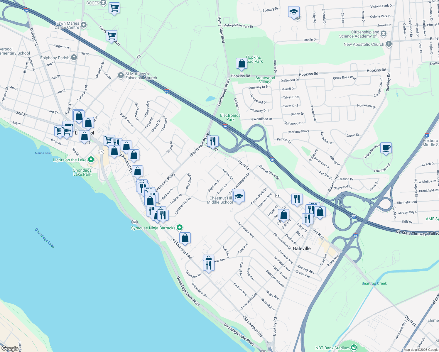 map of restaurants, bars, coffee shops, grocery stores, and more near 205 Skyview Drive in Liverpool