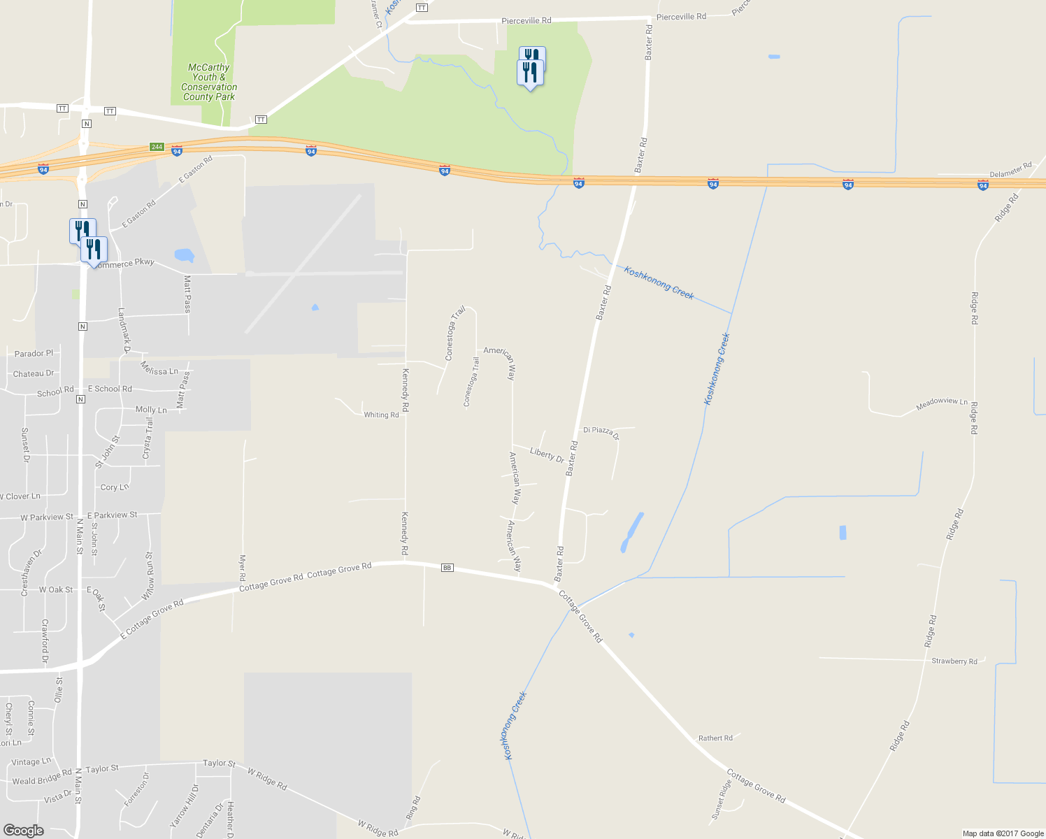 map of restaurants, bars, coffee shops, grocery stores, and more near 4550 American Way in Cottage Grove