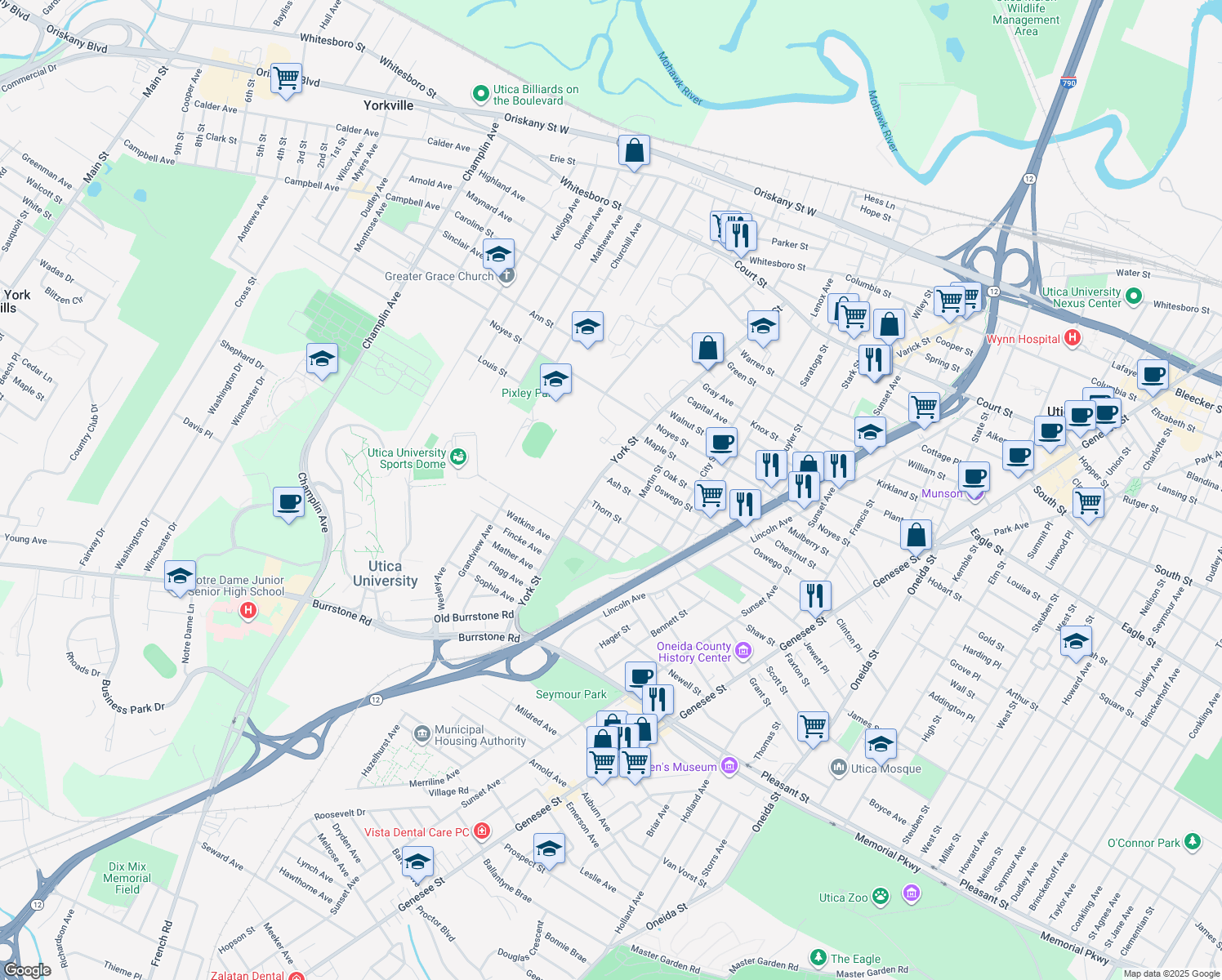 map of restaurants, bars, coffee shops, grocery stores, and more near 1321 Ash St in Utica