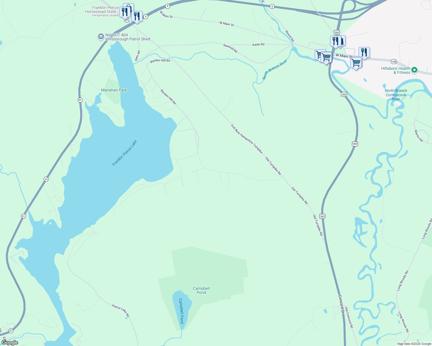 map of restaurants, bars, coffee shops, grocery stores, and more near 65 Gibson Mountain Road in Antrim