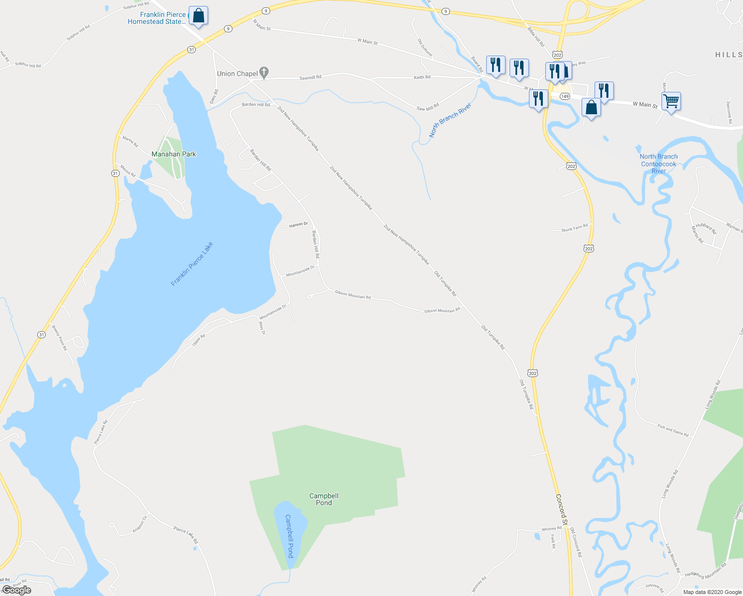 map of restaurants, bars, coffee shops, grocery stores, and more near 65 Gibson Mountain Road in Antrim