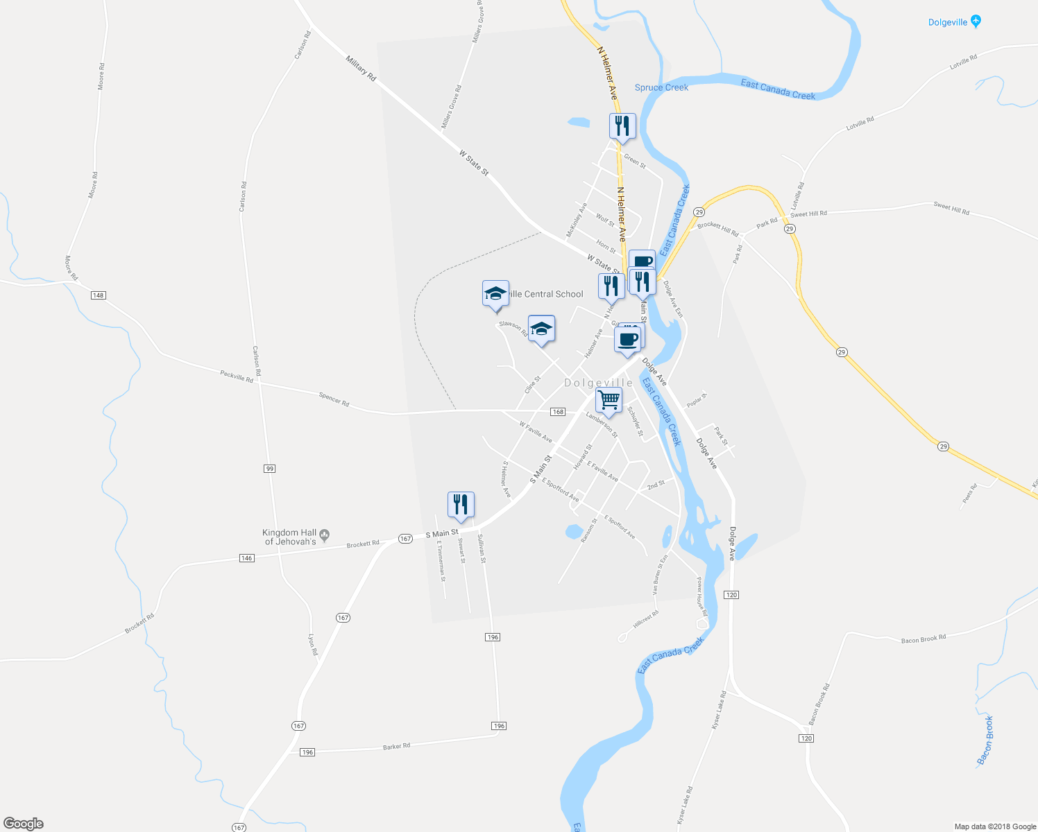 map of restaurants, bars, coffee shops, grocery stores, and more near 22 West Faville Avenue in Dolgeville
