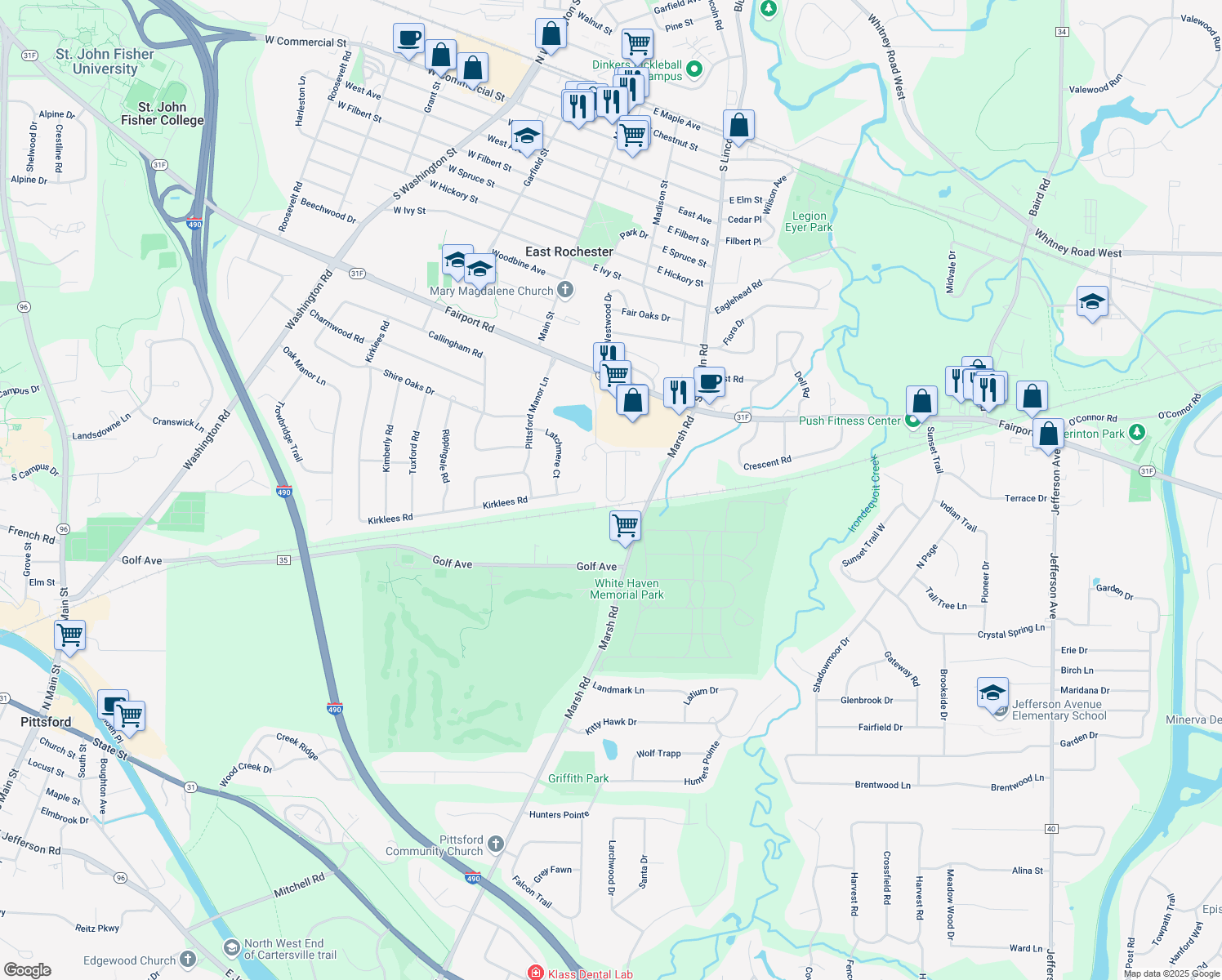 map of restaurants, bars, coffee shops, grocery stores, and more near 72 Waterworks Dr in East Rochester