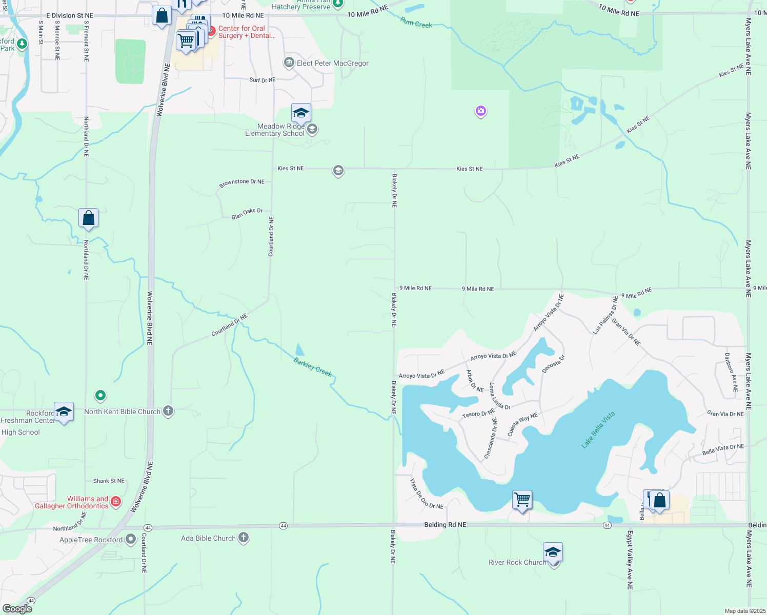 map of restaurants, bars, coffee shops, grocery stores, and more near 7531 Blakely Drive Northeast in Rockford