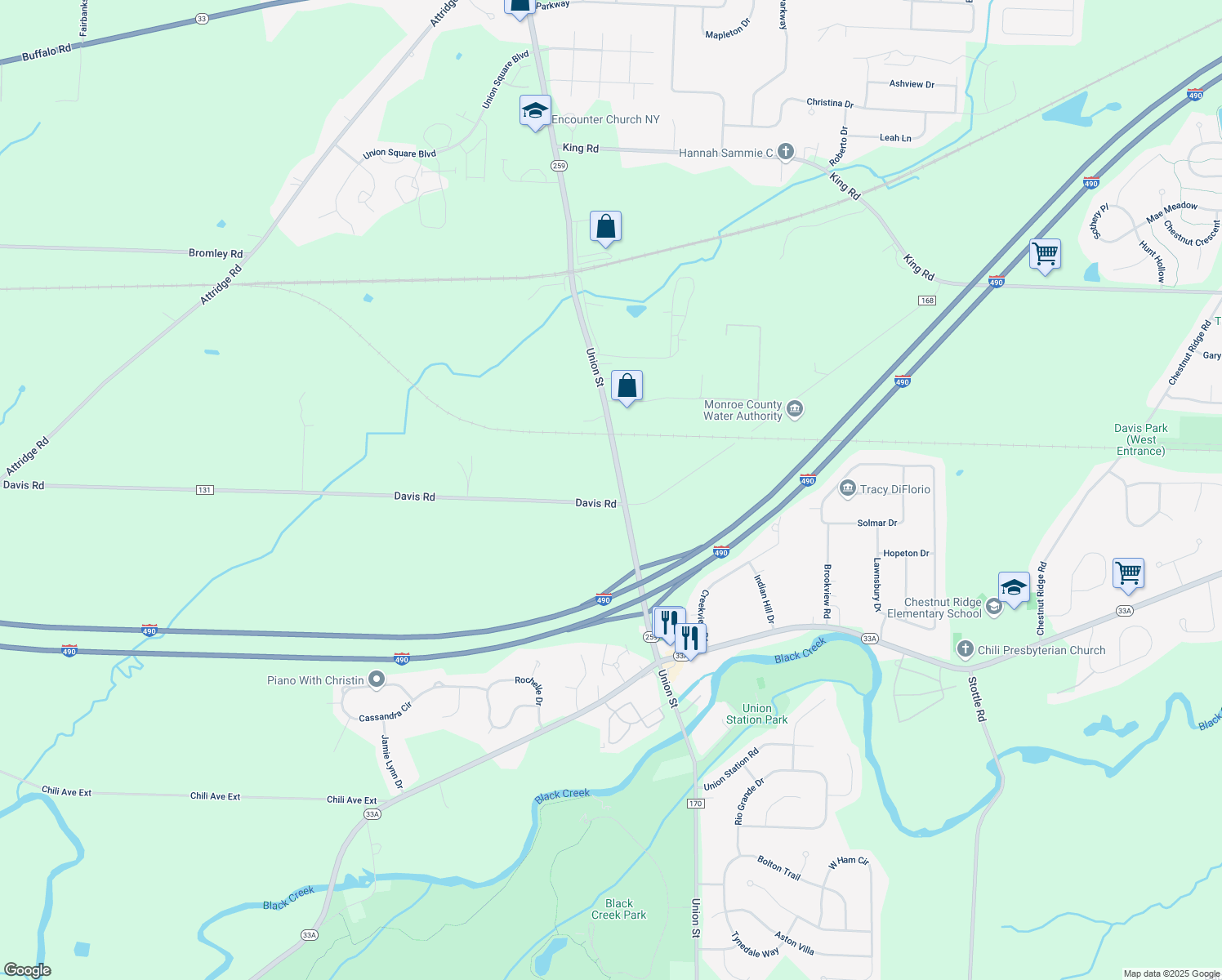 map of restaurants, bars, coffee shops, grocery stores, and more near 3559 Union St in Churchville