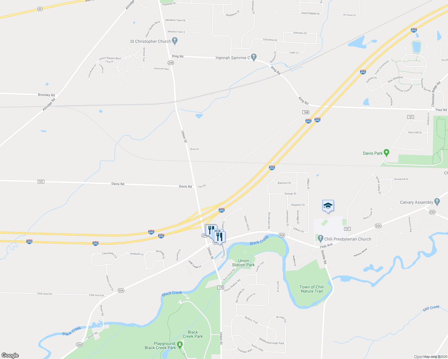 map of restaurants, bars, coffee shops, grocery stores, and more near 1363 Paul Road in Churchville