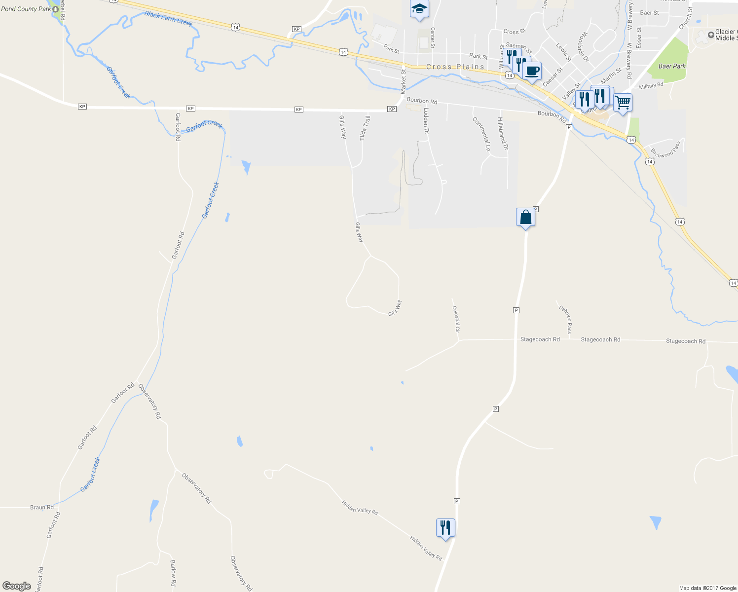 map of restaurants, bars, coffee shops, grocery stores, and more near 4314 Gil's Way in Cross Plains