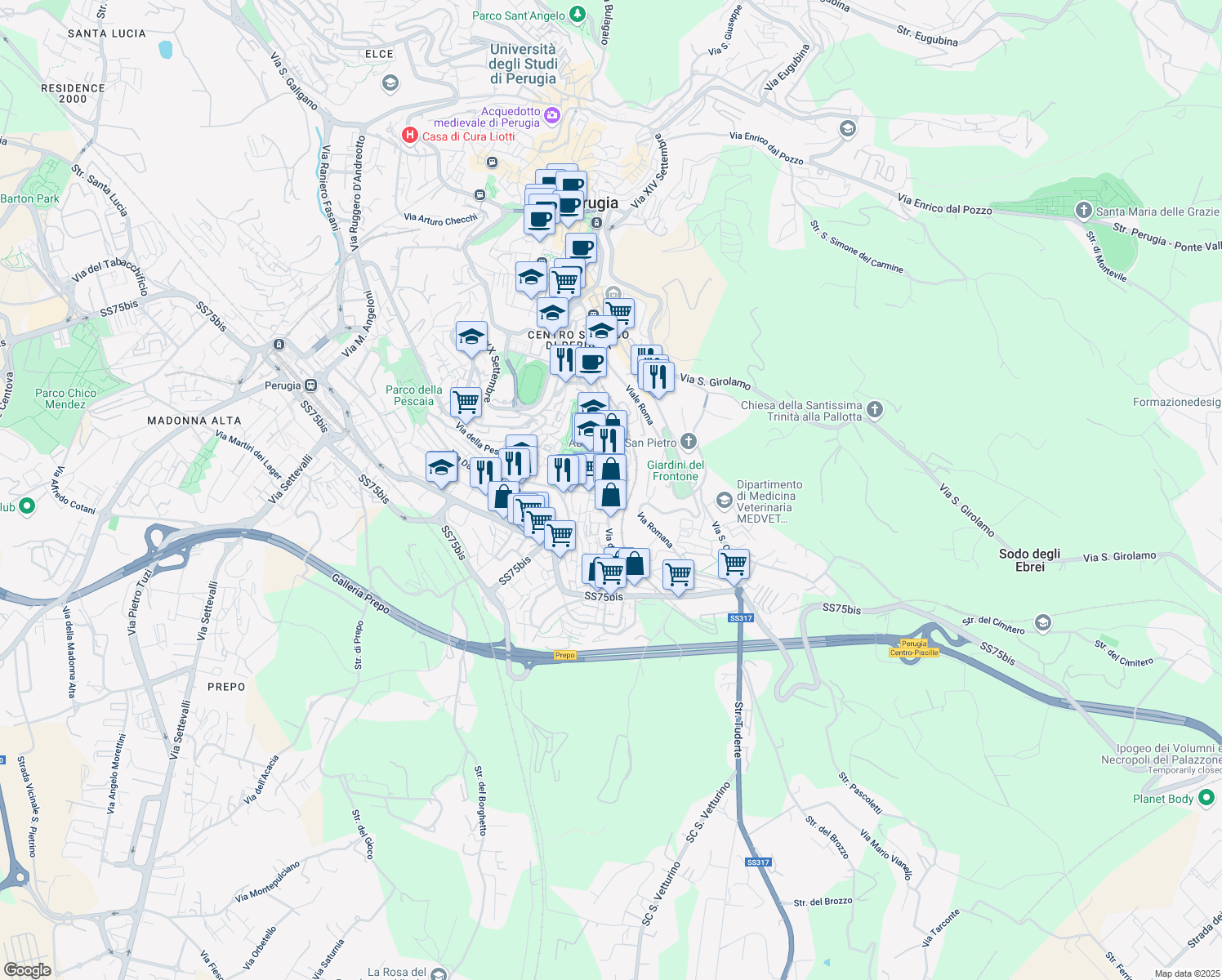 map of restaurants, bars, coffee shops, grocery stores, and more near Via dei Filosofi in Perugia