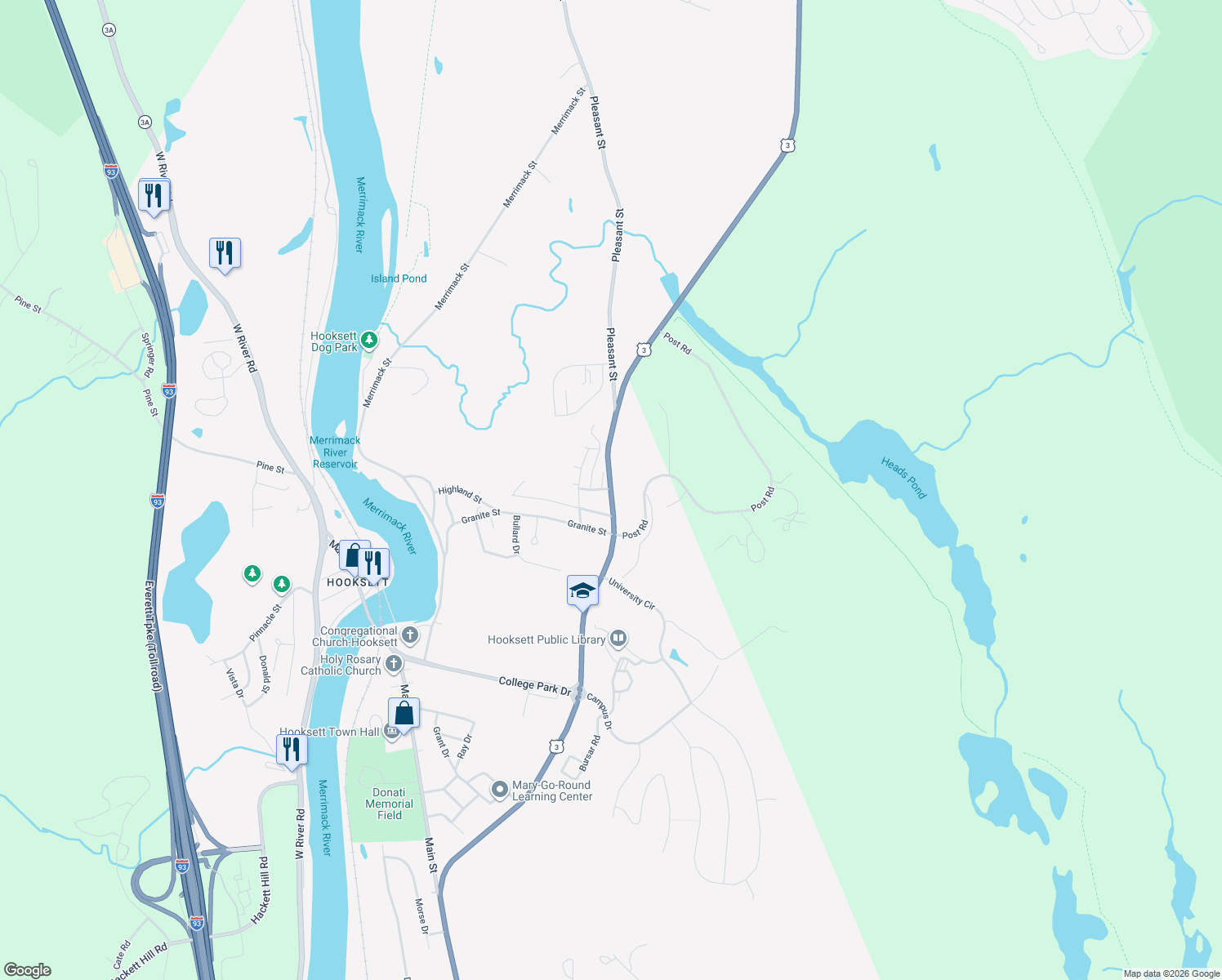 map of restaurants, bars, coffee shops, grocery stores, and more near 1815 Daniel Webster Hwy in Hooksett