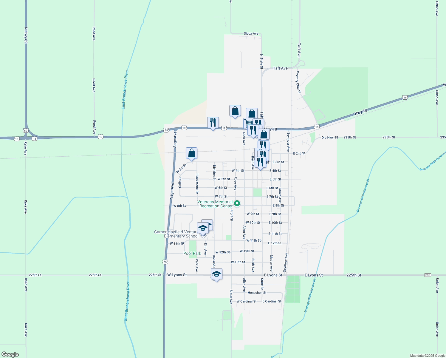 map of restaurants, bars, coffee shops, grocery stores, and more near 499 Center Ave in Garner