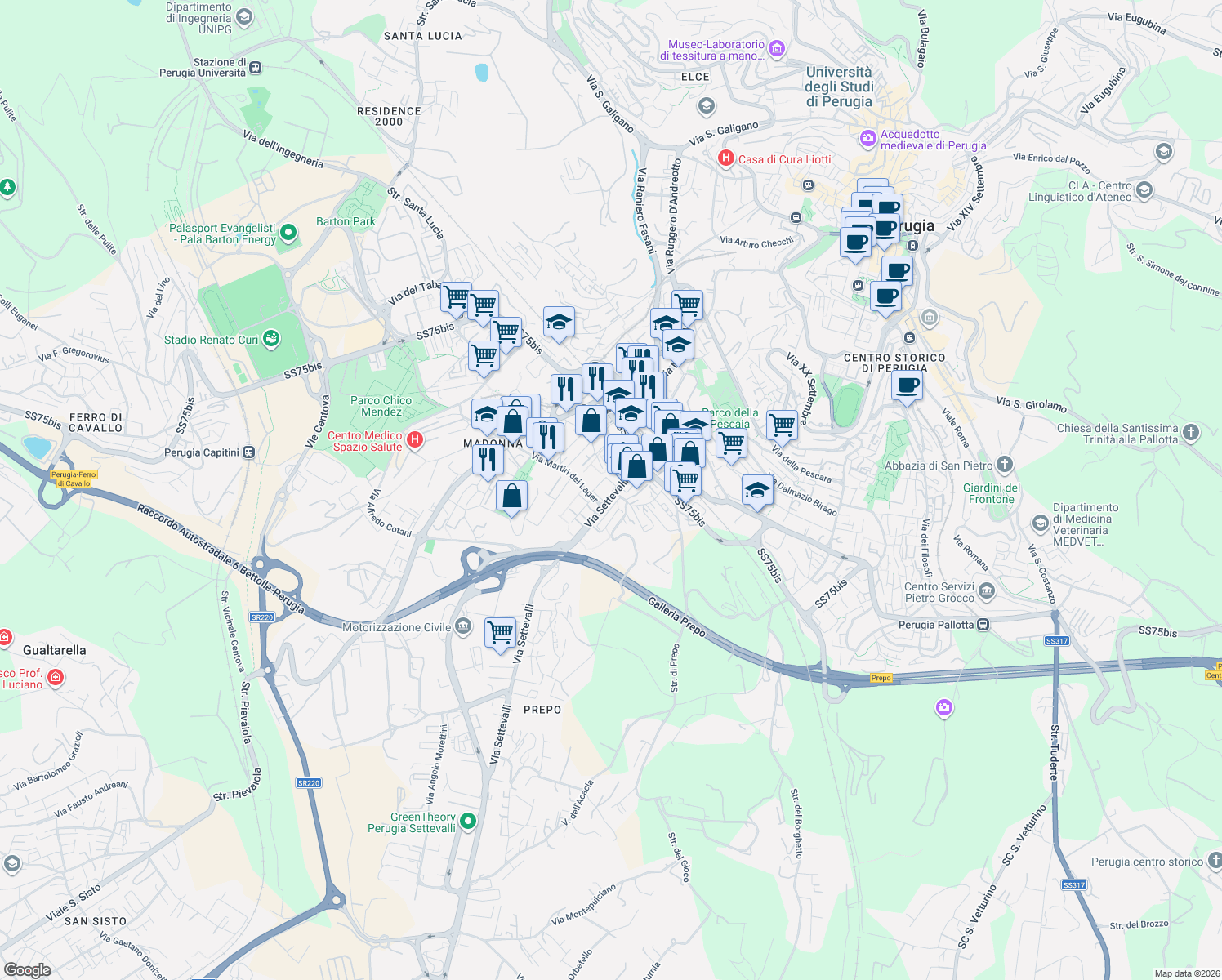 map of restaurants, bars, coffee shops, grocery stores, and more near 11 Via Settevalli in Perugia