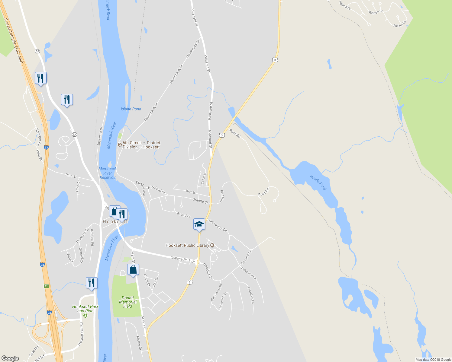map of restaurants, bars, coffee shops, grocery stores, and more near 12 Post Road in Hooksett