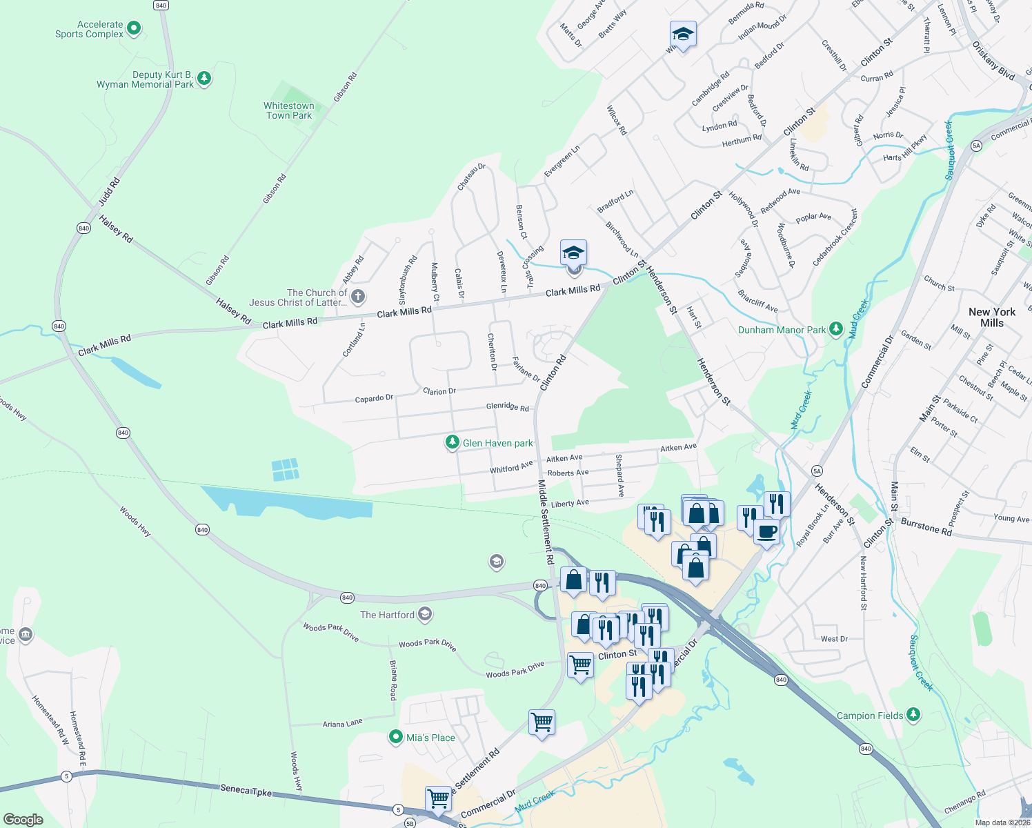 map of restaurants, bars, coffee shops, grocery stores, and more near 1 Glenridge Road in Whitesboro