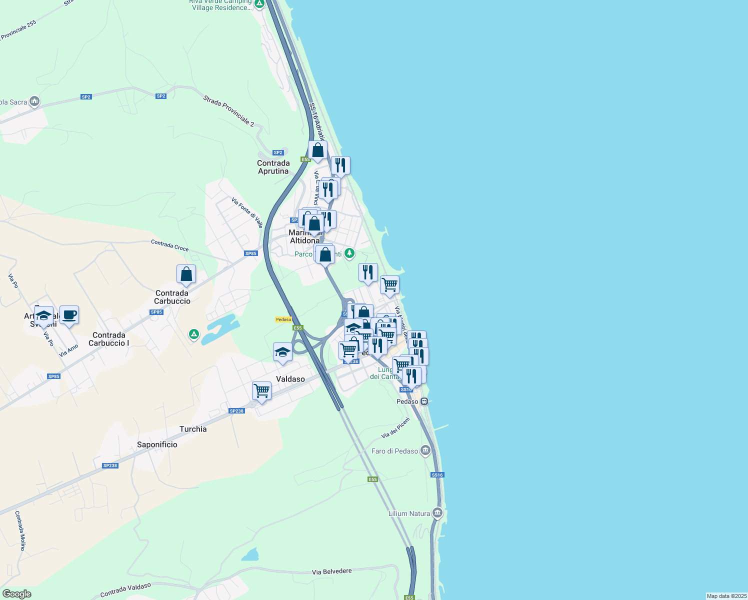 map of restaurants, bars, coffee shops, grocery stores, and more near 5 Largo Pio la Torre in Pedaso