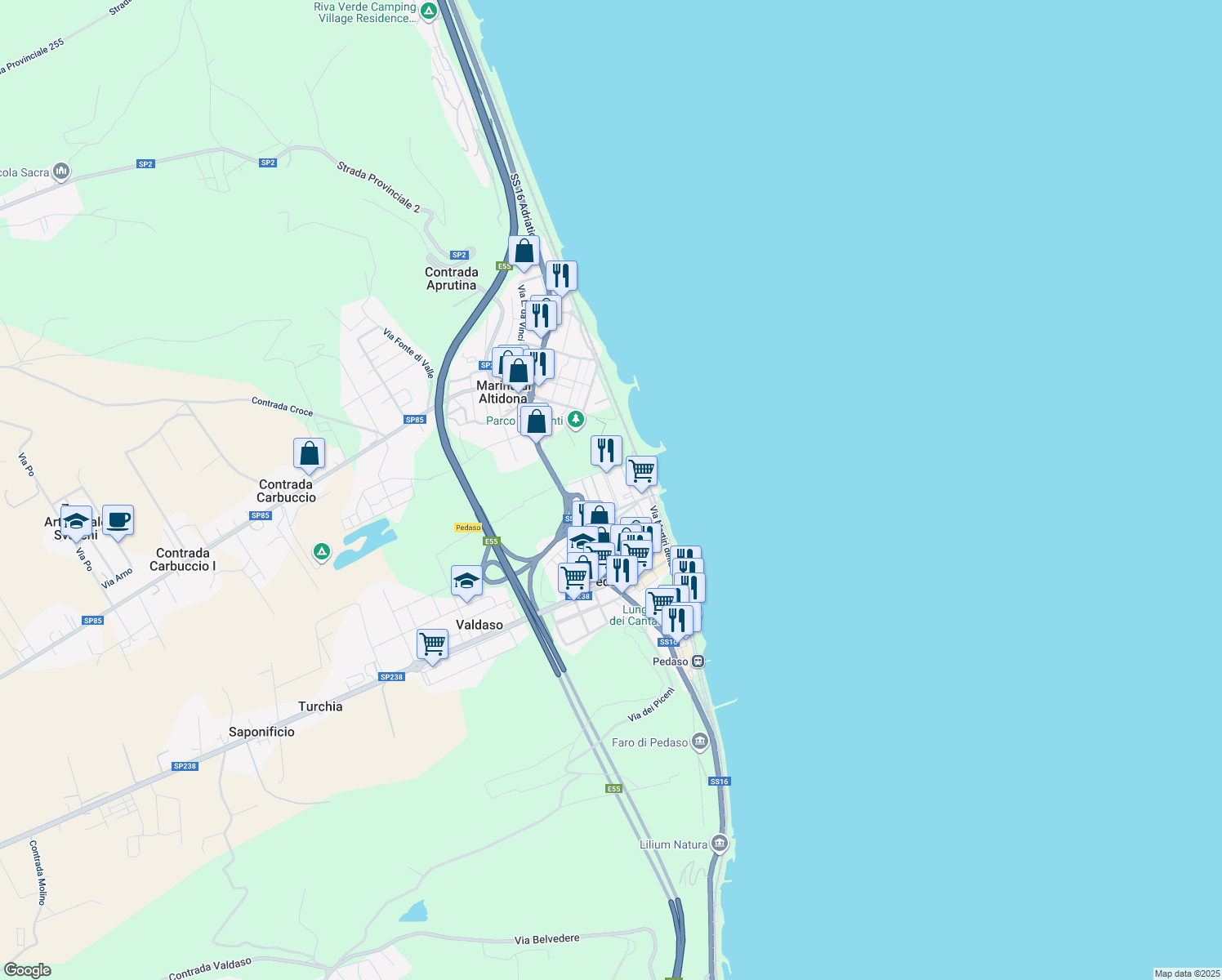 map of restaurants, bars, coffee shops, grocery stores, and more near 5 Largo Pio la Torre in Pedaso