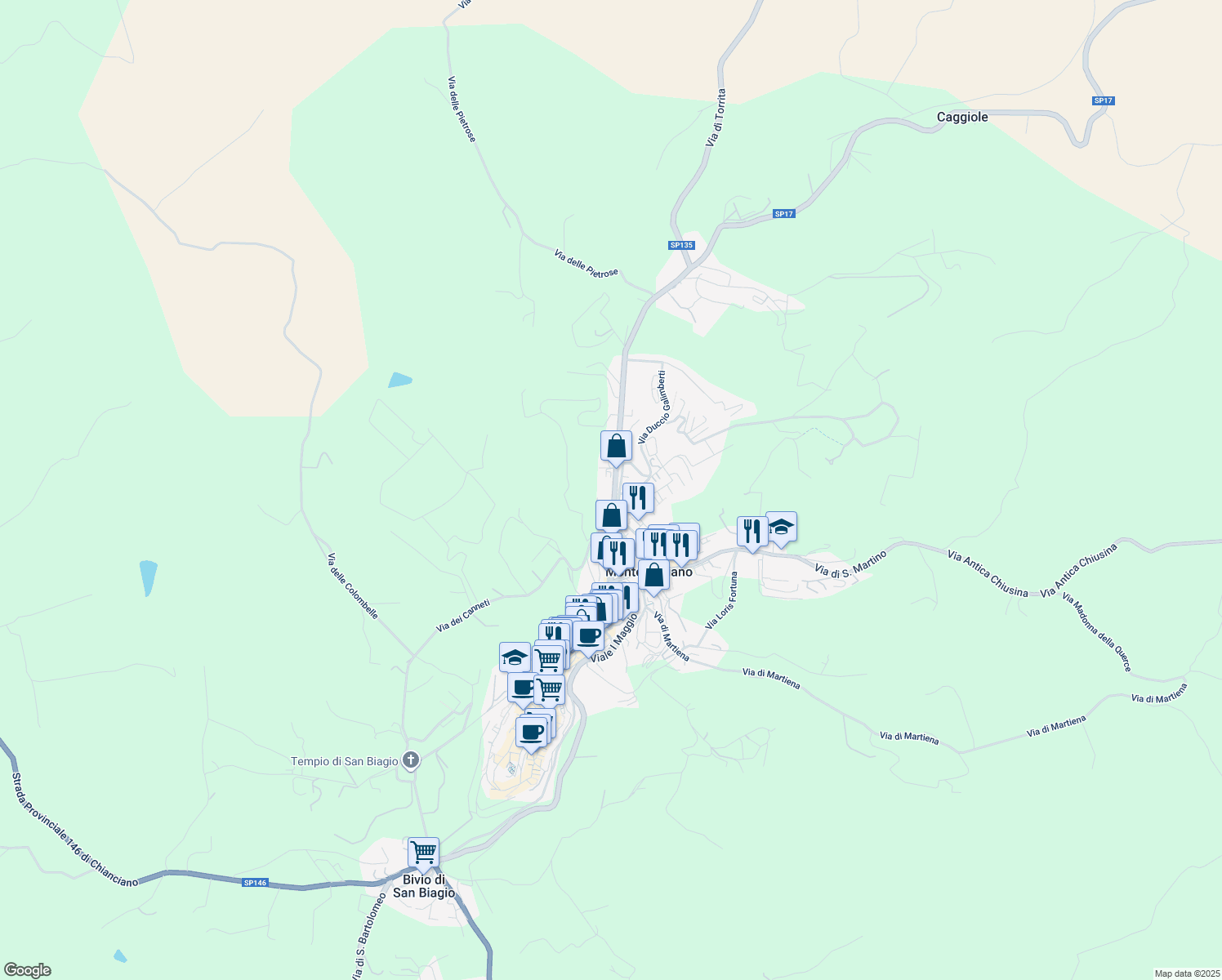 map of restaurants, bars, coffee shops, grocery stores, and more near 53 Viale Piero Calamandrei in Montepulciano