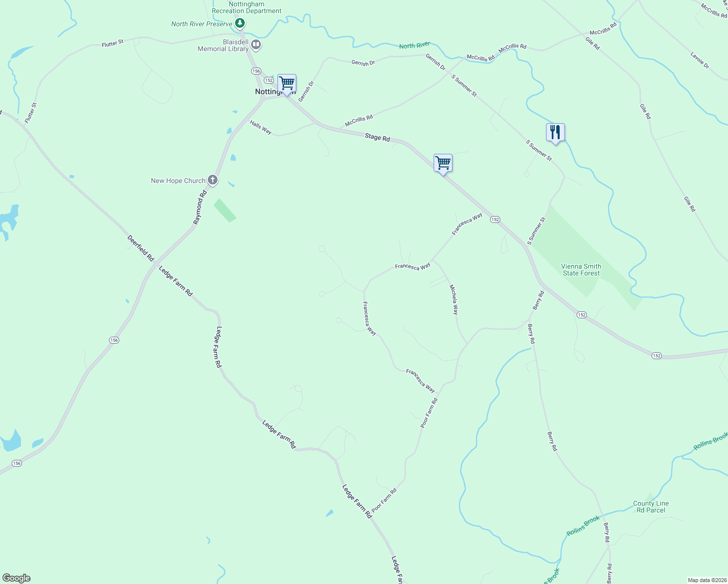 map of restaurants, bars, coffee shops, grocery stores, and more near 39 Francesca Way in Nottingham