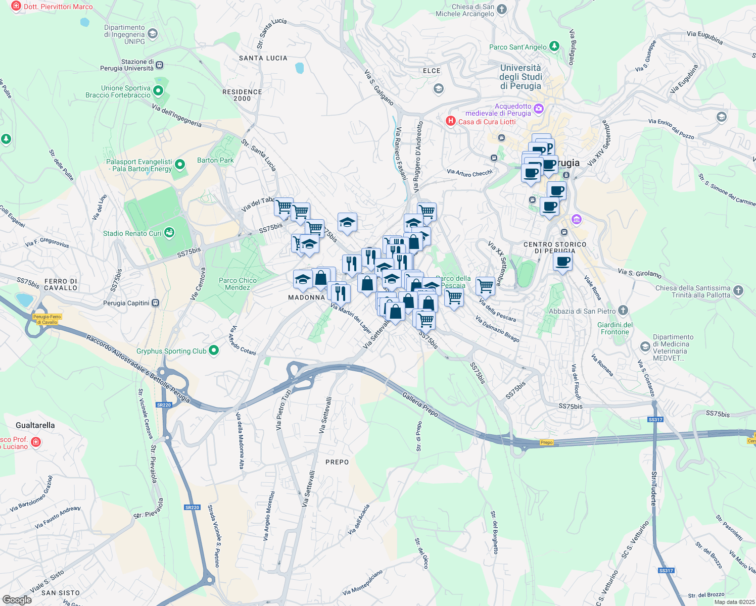 map of restaurants, bars, coffee shops, grocery stores, and more near 1 Via del Macello in Perugia