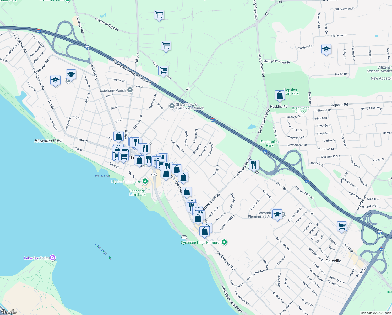 map of restaurants, bars, coffee shops, grocery stores, and more near 103 Grandy Dr in Liverpool
