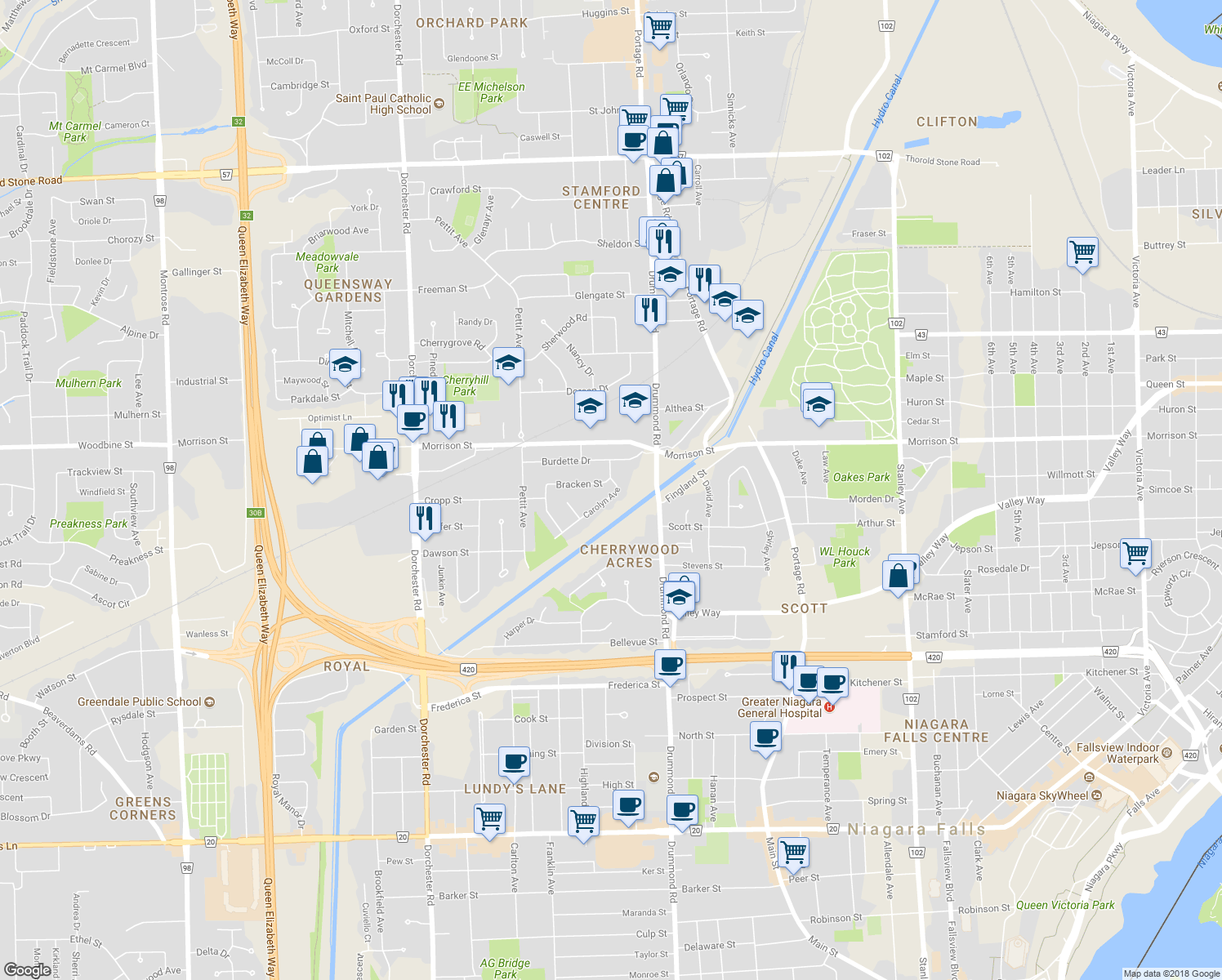 map of restaurants, bars, coffee shops, grocery stores, and more near 6307 Carolyn Avenue in Niagara Falls
