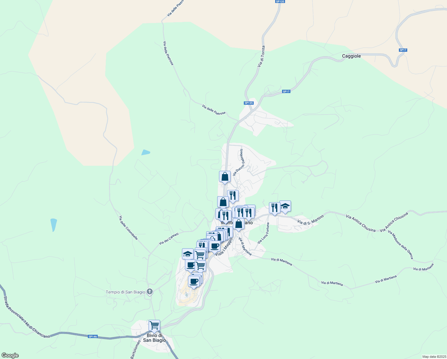 map of restaurants, bars, coffee shops, grocery stores, and more near 53 Viale Piero Calamandrei in Montepulciano