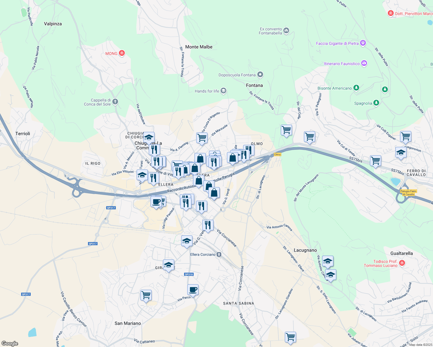 map of restaurants, bars, coffee shops, grocery stores, and more near 49 Via Antonio Gramsci in Provincia di Perugia